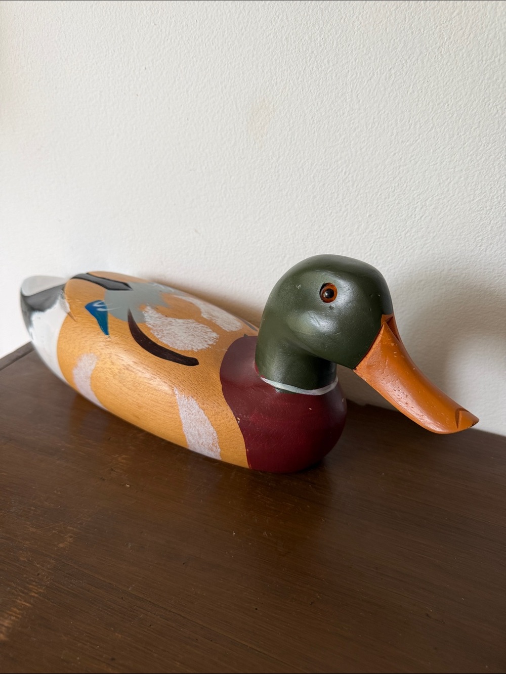 Hand-Painted Wooden Duck Figurine - Green, Orange, Brown